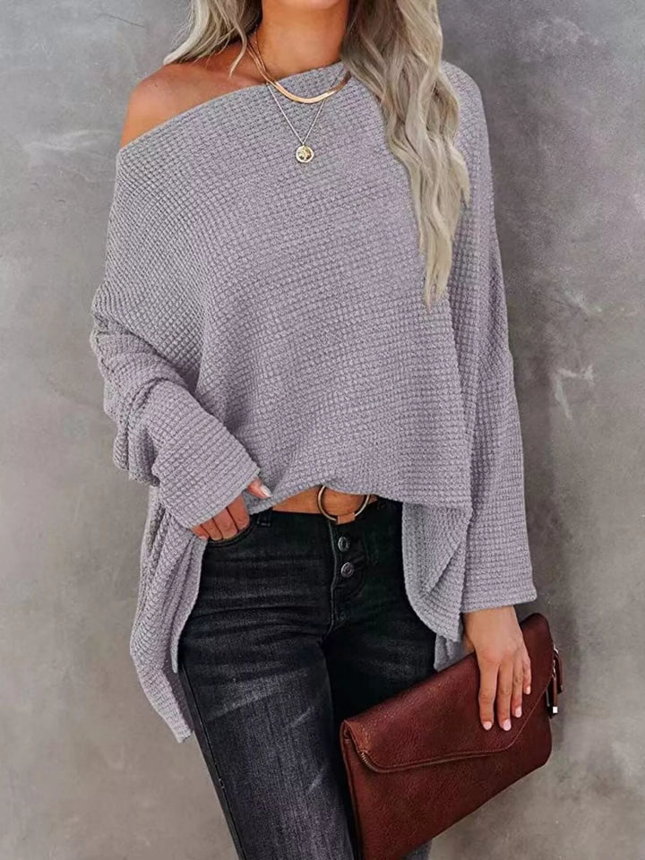 Oversized waffle-knit boat neck long sleeve top