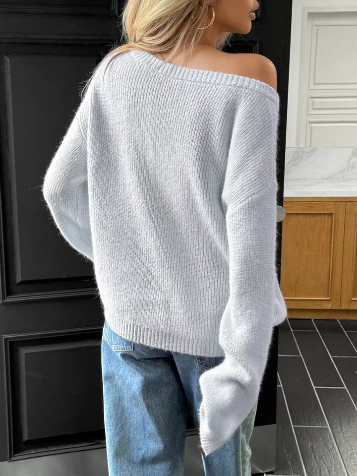 One-shoulder ribbed knit pullover sweater