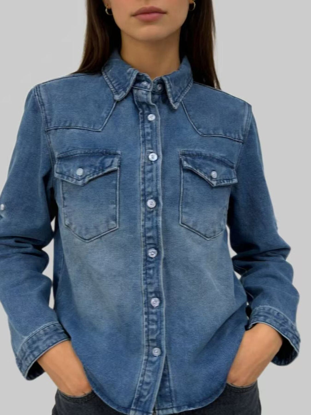 Western button-down denim shirt with flap pockets