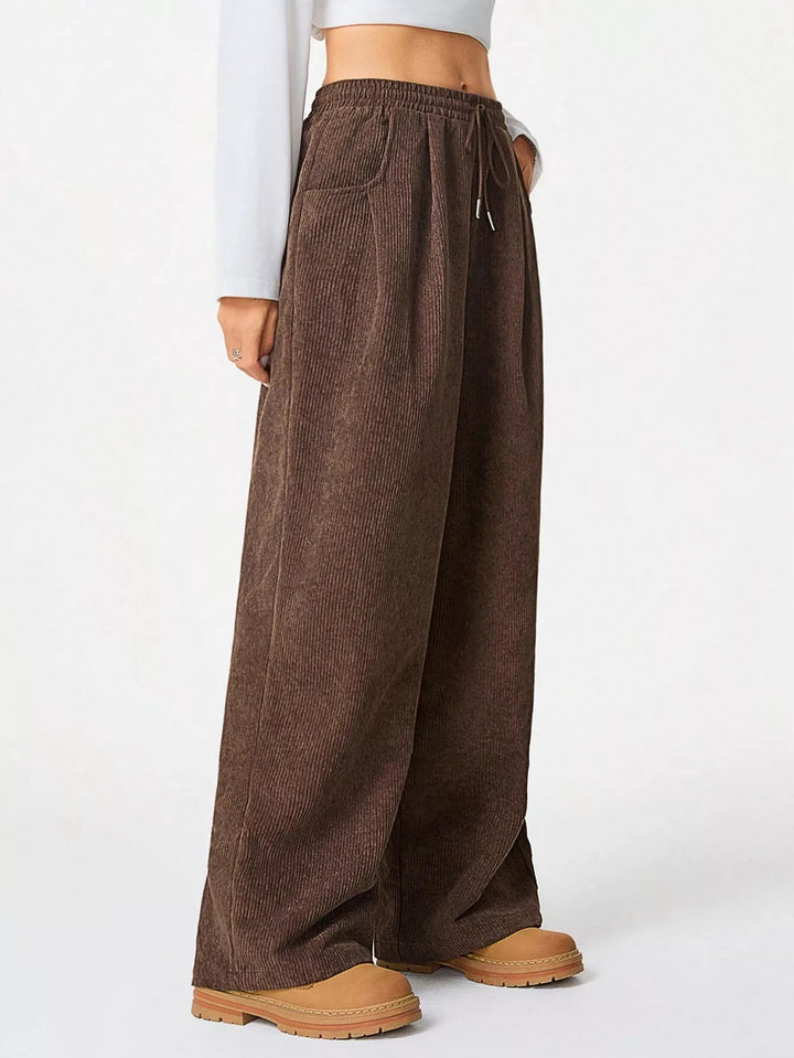Brown Corduroy wide-leg pants with drawstring waist and pockets