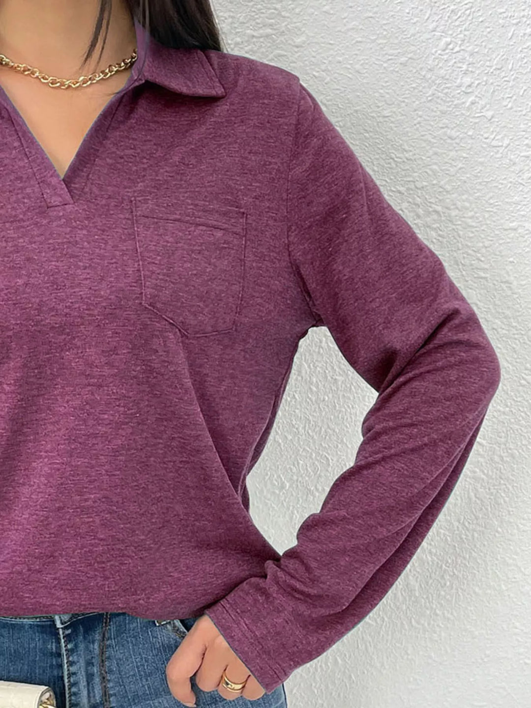 Collared long sleeve polo top with chest pocket