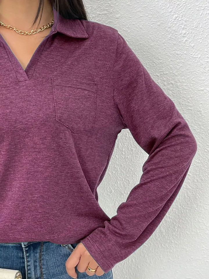 Collared long sleeve polo top with chest pocket