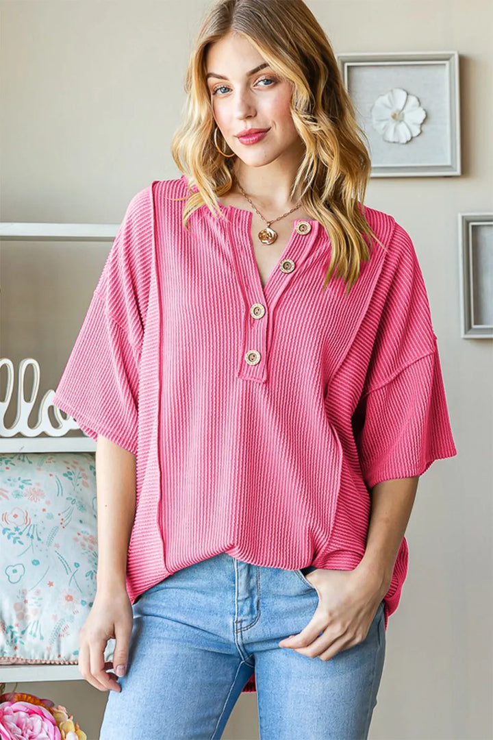 HOT PINK Ribbed half-button drop-shoulder short sleeve top