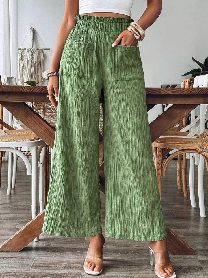 Matcha Green Crinkle ruched high-waist wide leg pants with pockets