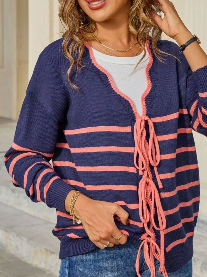 Striped tie-front knit cardigan with contrast trim