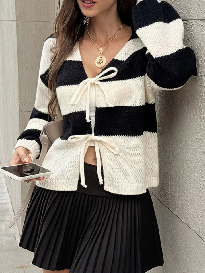 Striped tie-front knit cardigan with V-neck