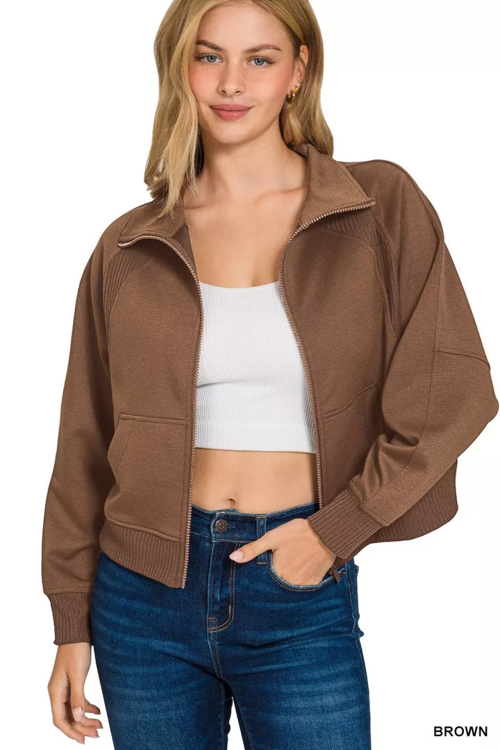 Scuba full-zip cropped jacket with ribbed panels and pockets