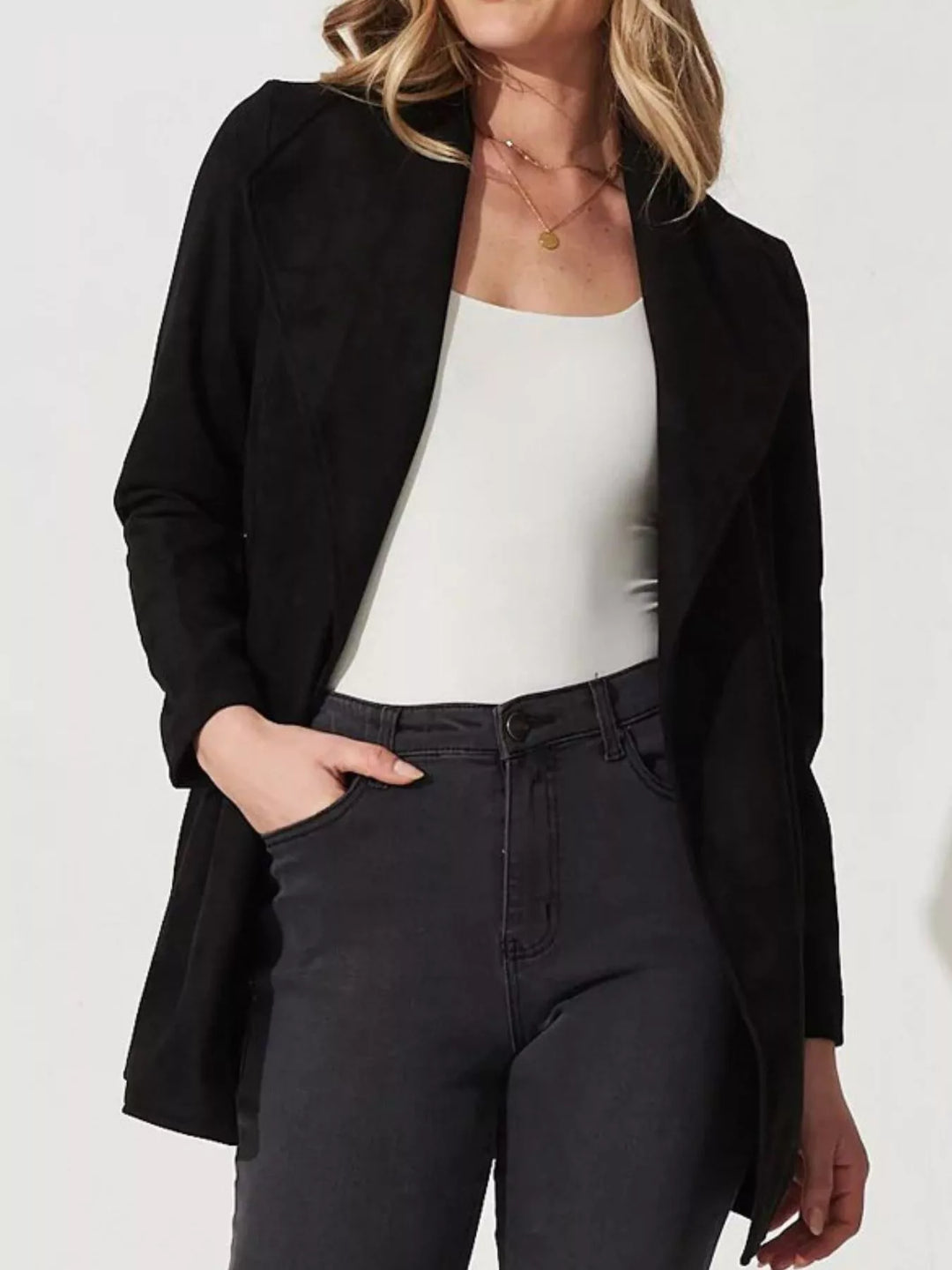 Faux suede waterfall collar jacket with tie belt