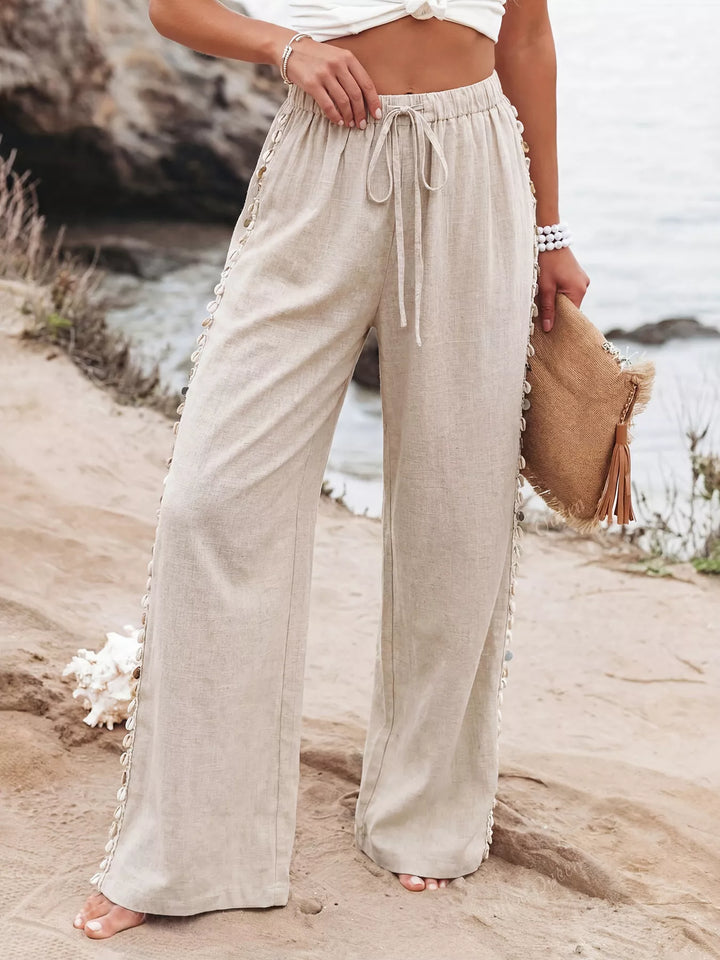 Linen-blend wide leg drawstring pants with shell trim