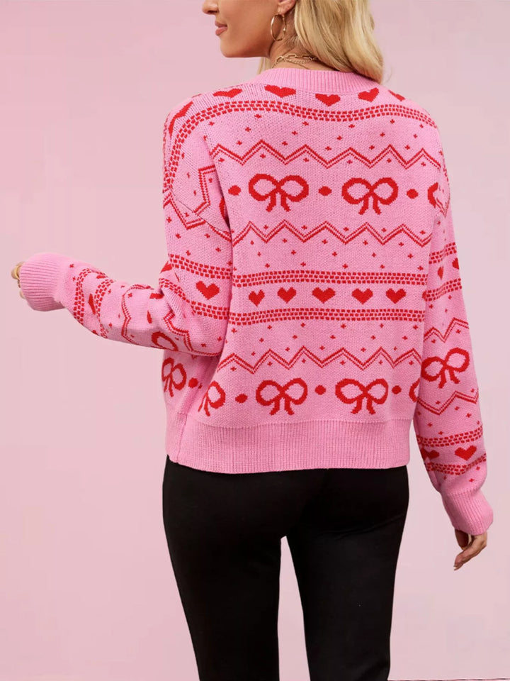Bow and heart fair isle knit button-front cardigan