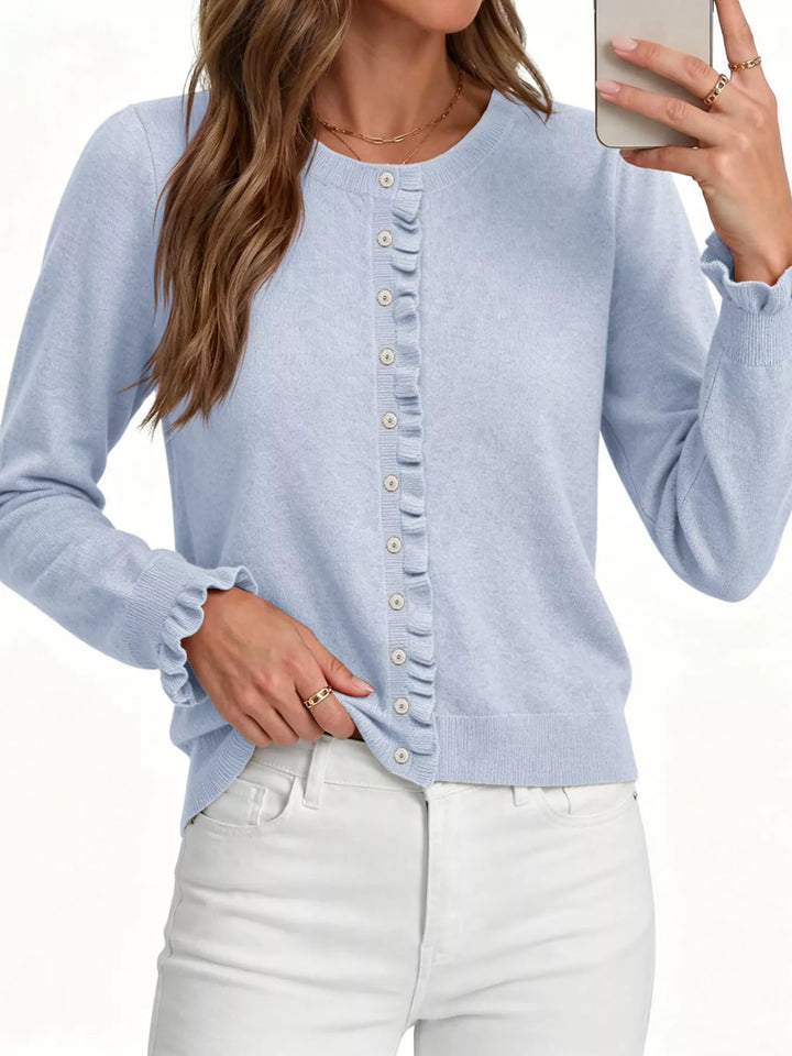 Ruffle placket button-front knit cardigan with ruffle cuffs
