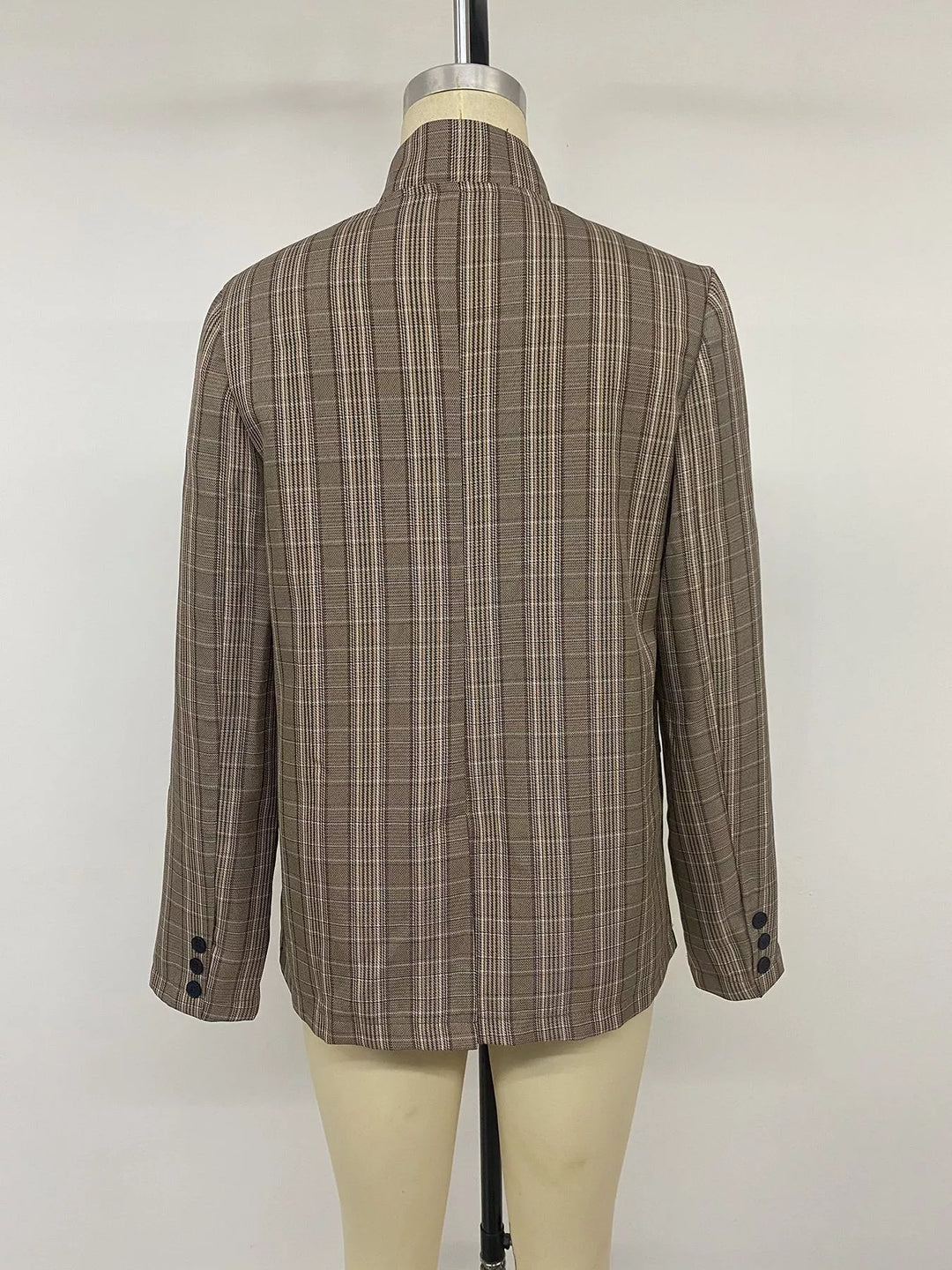 Plaid asymmetric single-button blazer with stand collar