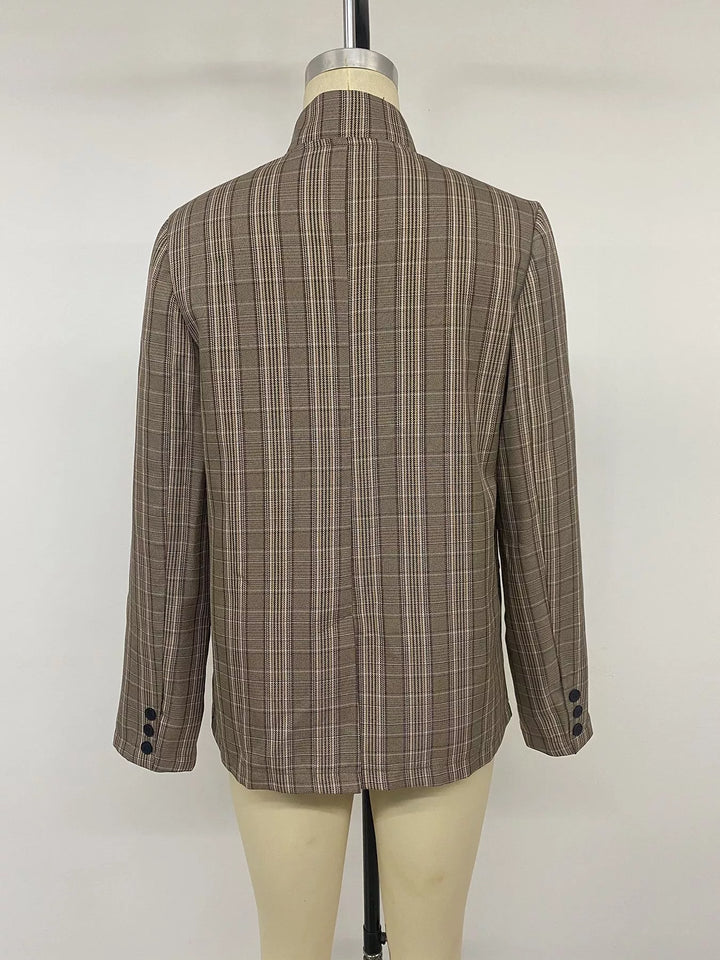 Plaid asymmetric single-button blazer with stand collar