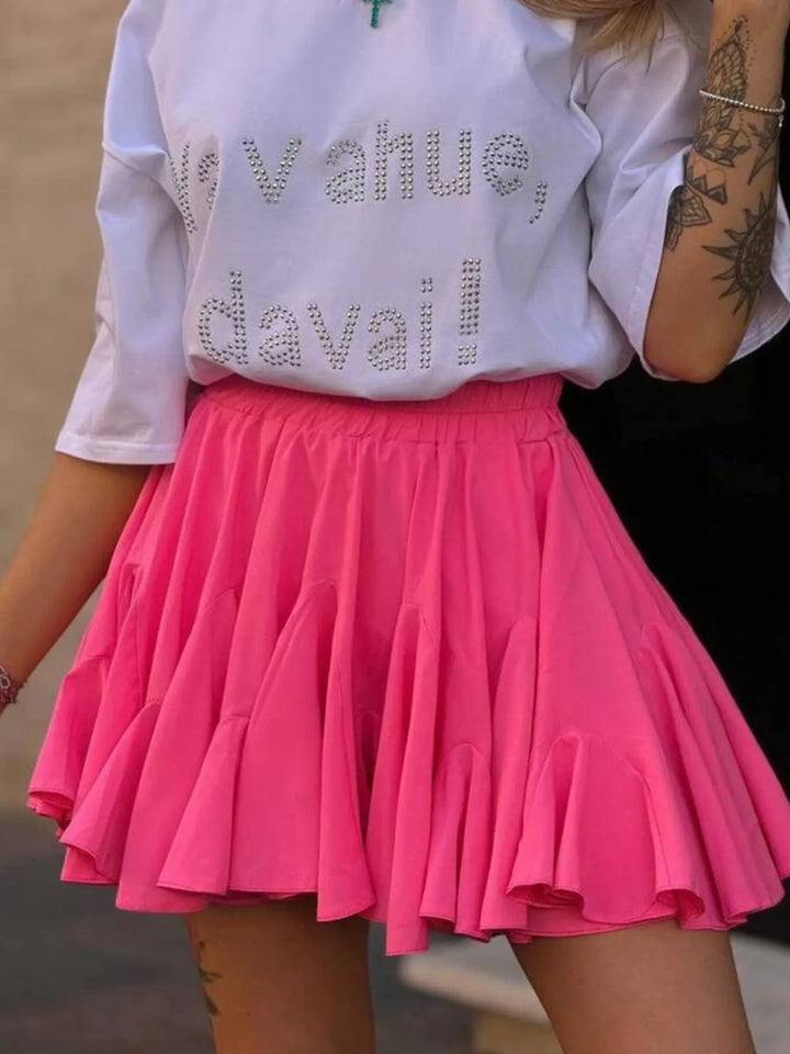Rose Red Ruffled hem flare mini skirt with elastic waist