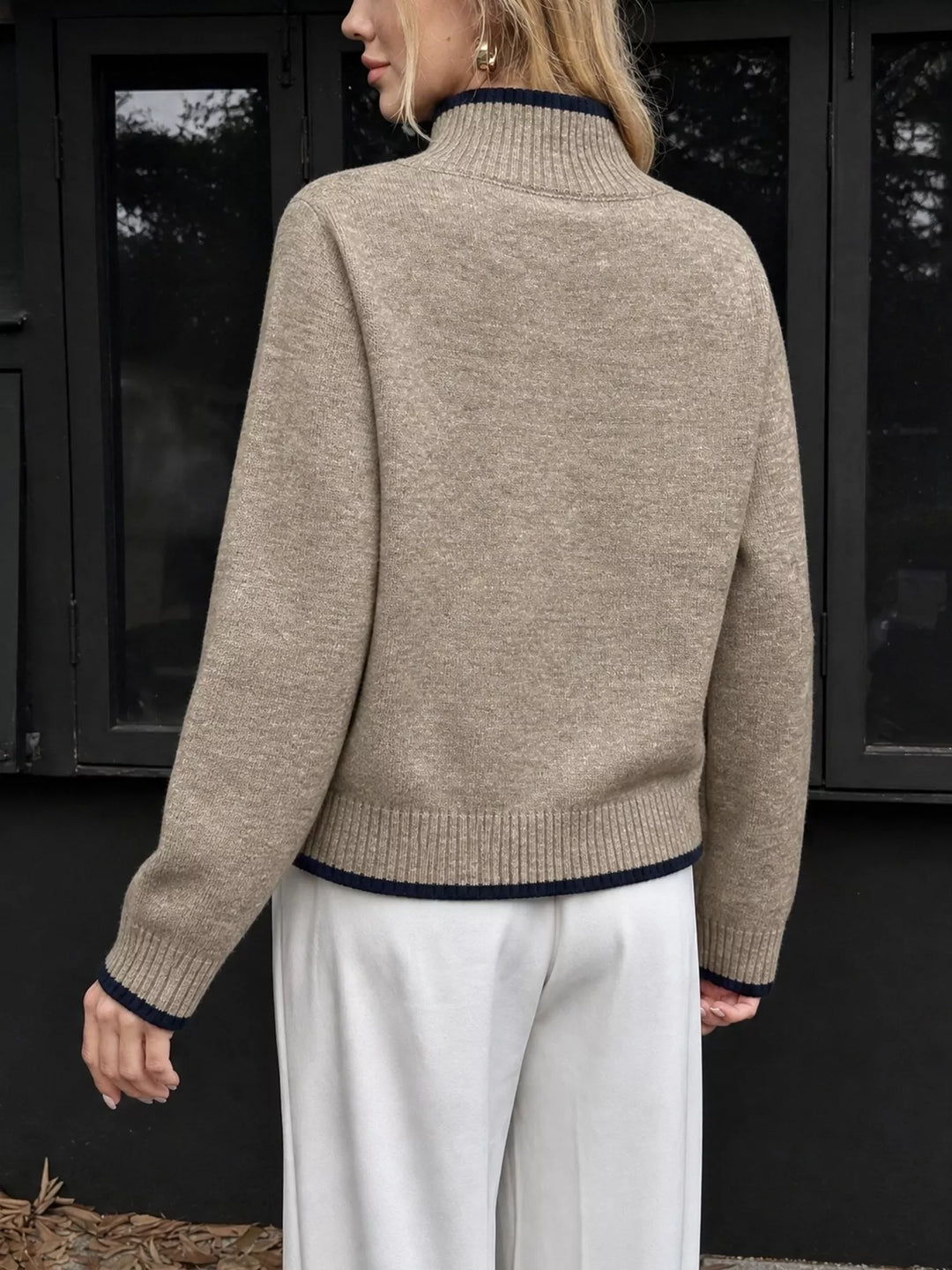 Contrast tipped mock neck sweater with ribbed trim