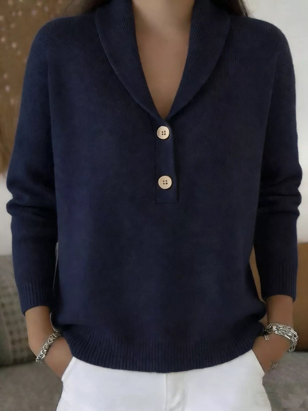 Navy Blue Shawl collar button placket pullover sweater