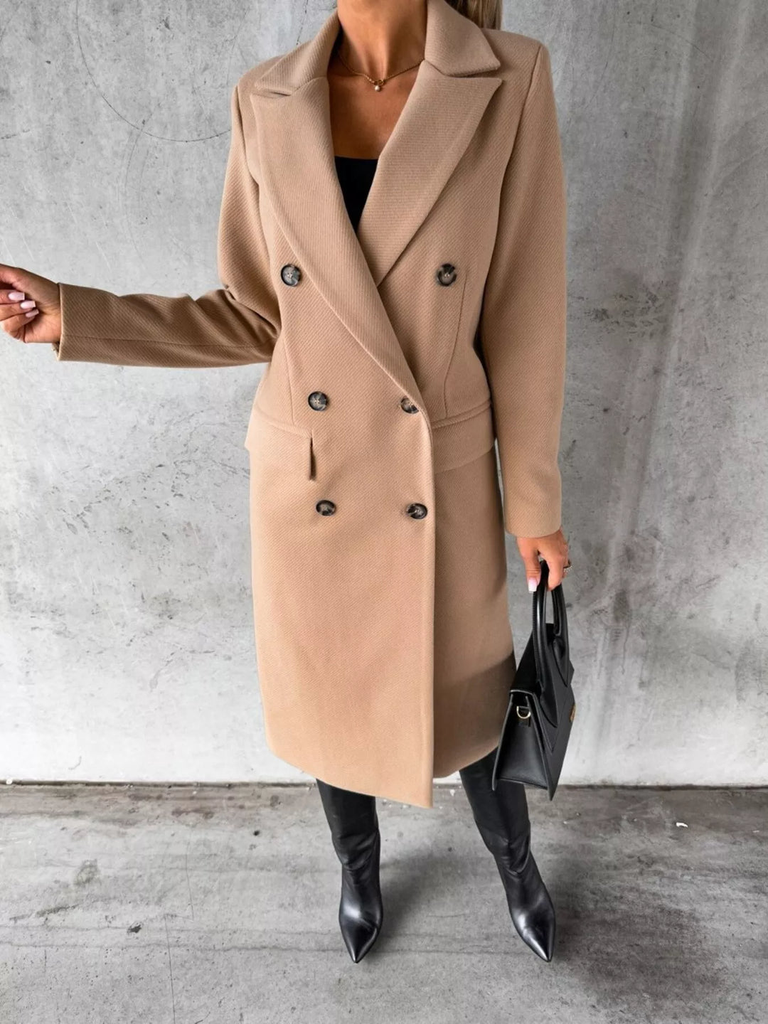 Double-breasted longline coat with notch lapel and flap pockets
