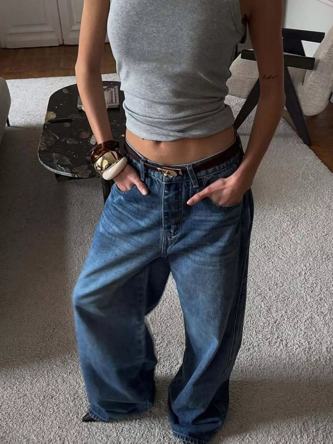 Wide leg high rise jeans with floor-skimming hem