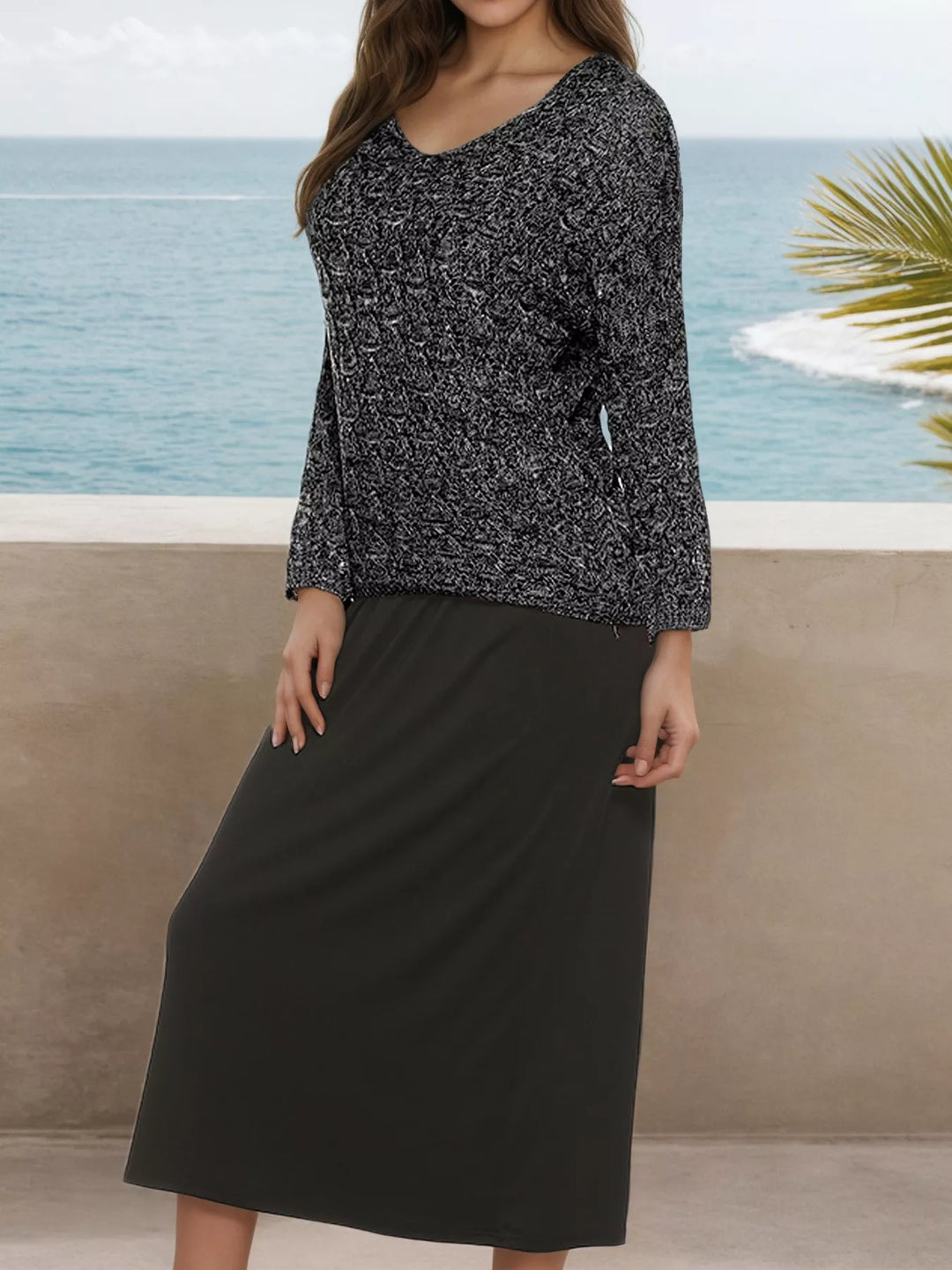 Open-knit V-neck pullover sweater with dolman sleeves