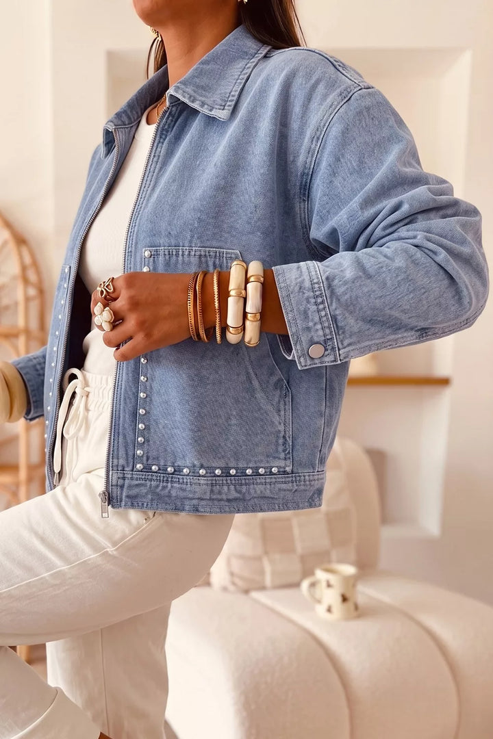 Studded zip-front cropped denim jacket with patch pockets