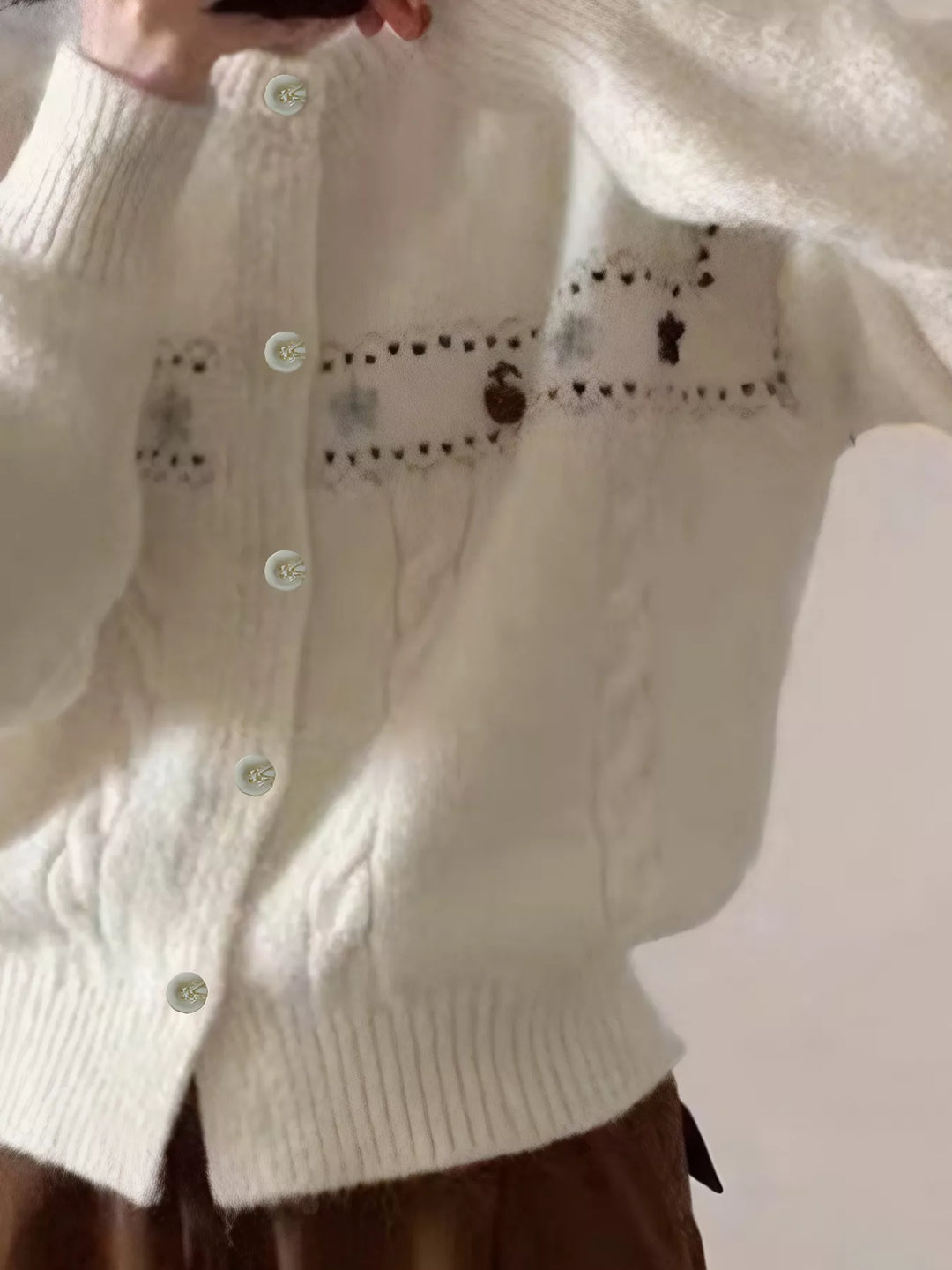 Floral embroidered cable-knit button-up cardigan