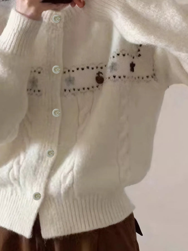 Floral embroidered cable-knit button-up cardigan