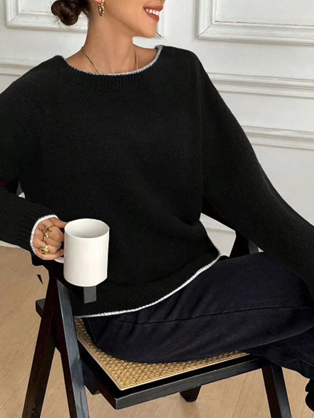 Black Contrast trim knit sweater with back bow ties
