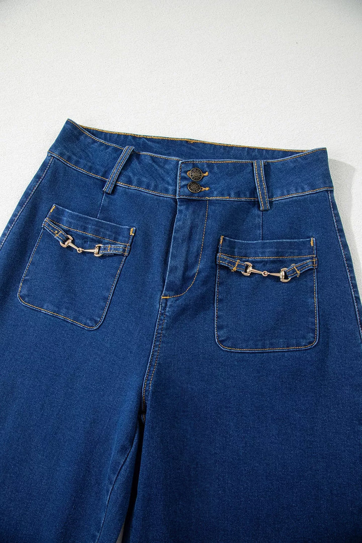 Wide leg jeans with gold bit hardware patch pockets