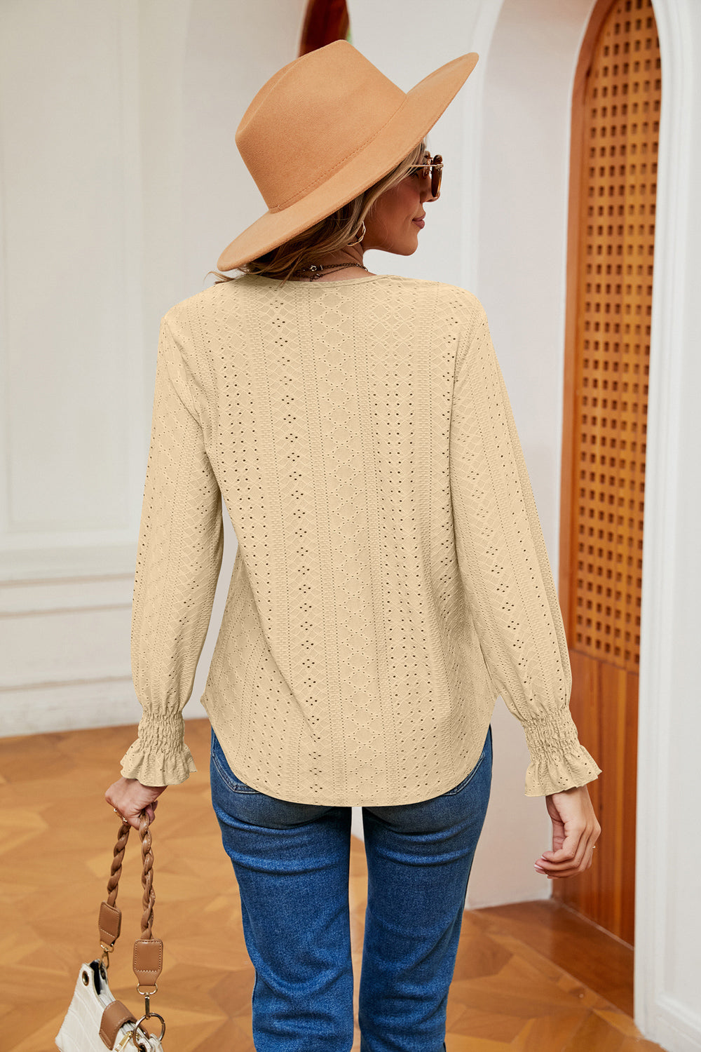 Contrast crochet V-neck eyelet blouse with flounce cuffs