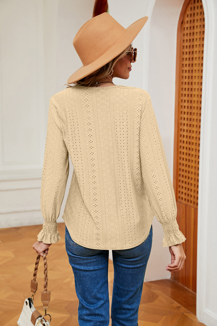 Contrast crochet V-neck eyelet blouse with flounce cuffs