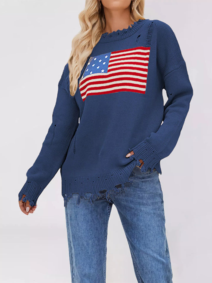 Distressed American flag knit sweater with raw frayed hem