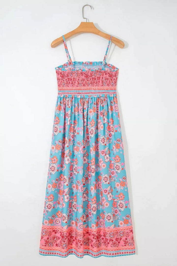 Bohemian floral print smocked spaghetti strap maxi dress