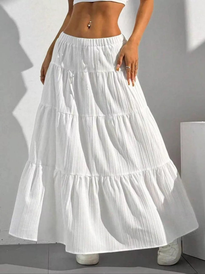 Tiered ruched maxi skirt with elastic waist