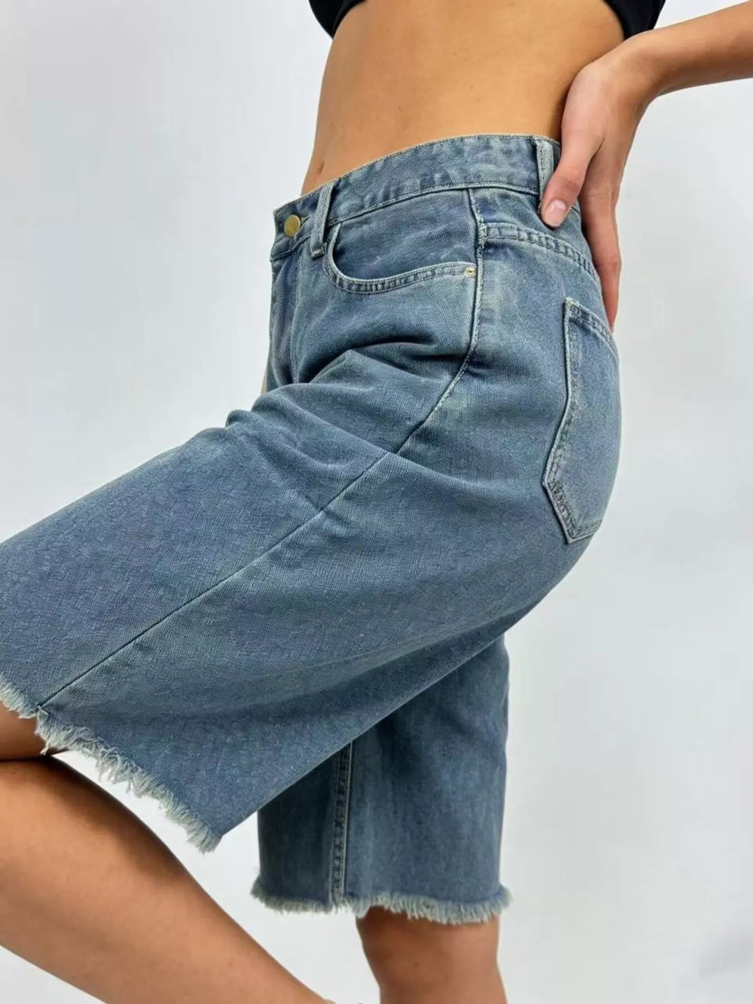 Frayed hem mid-rise relaxed Bermuda denim shorts