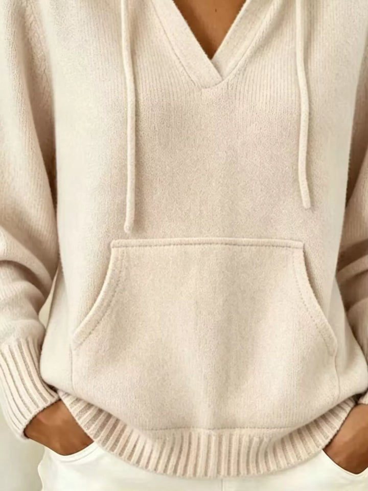 Drawstring hooded knit pullover with kangaroo pocket