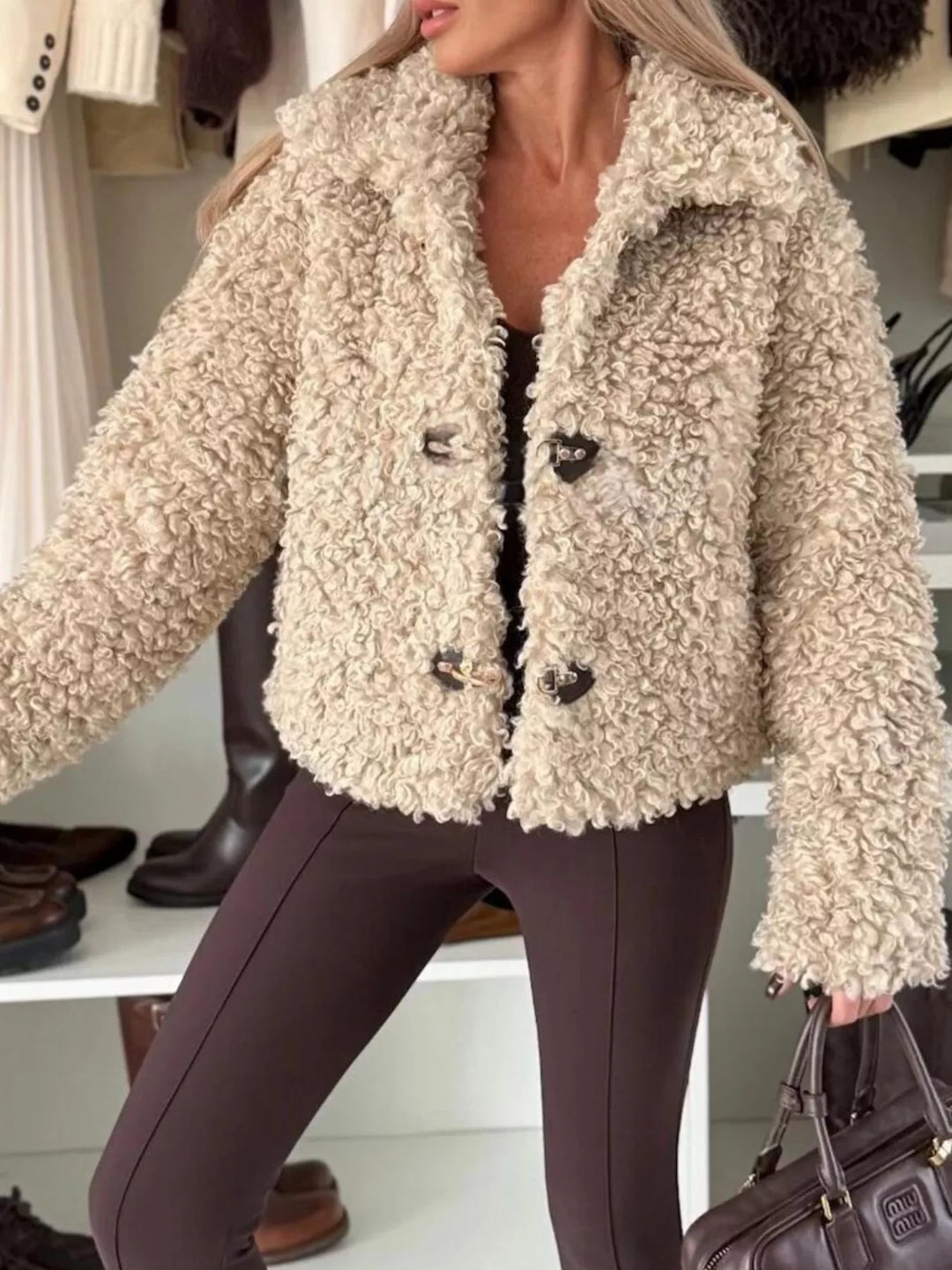 Cropped sherpa toggle-button jacket with spread collar