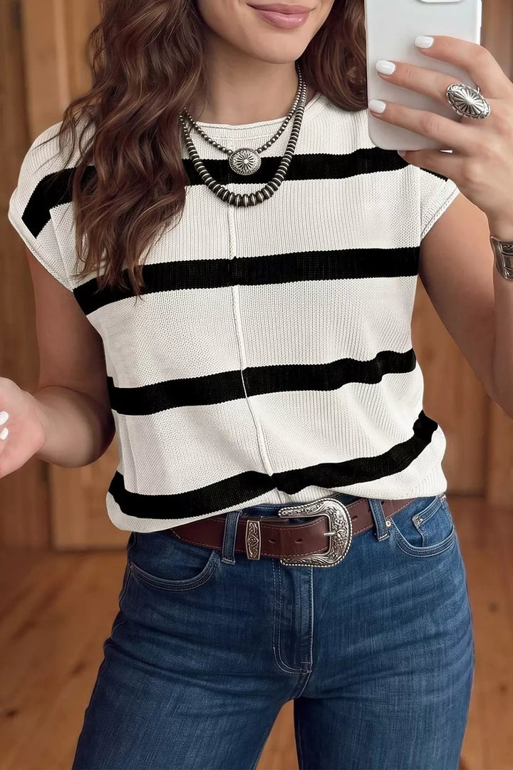 White Striped knit short sleeve sweater top with center seam