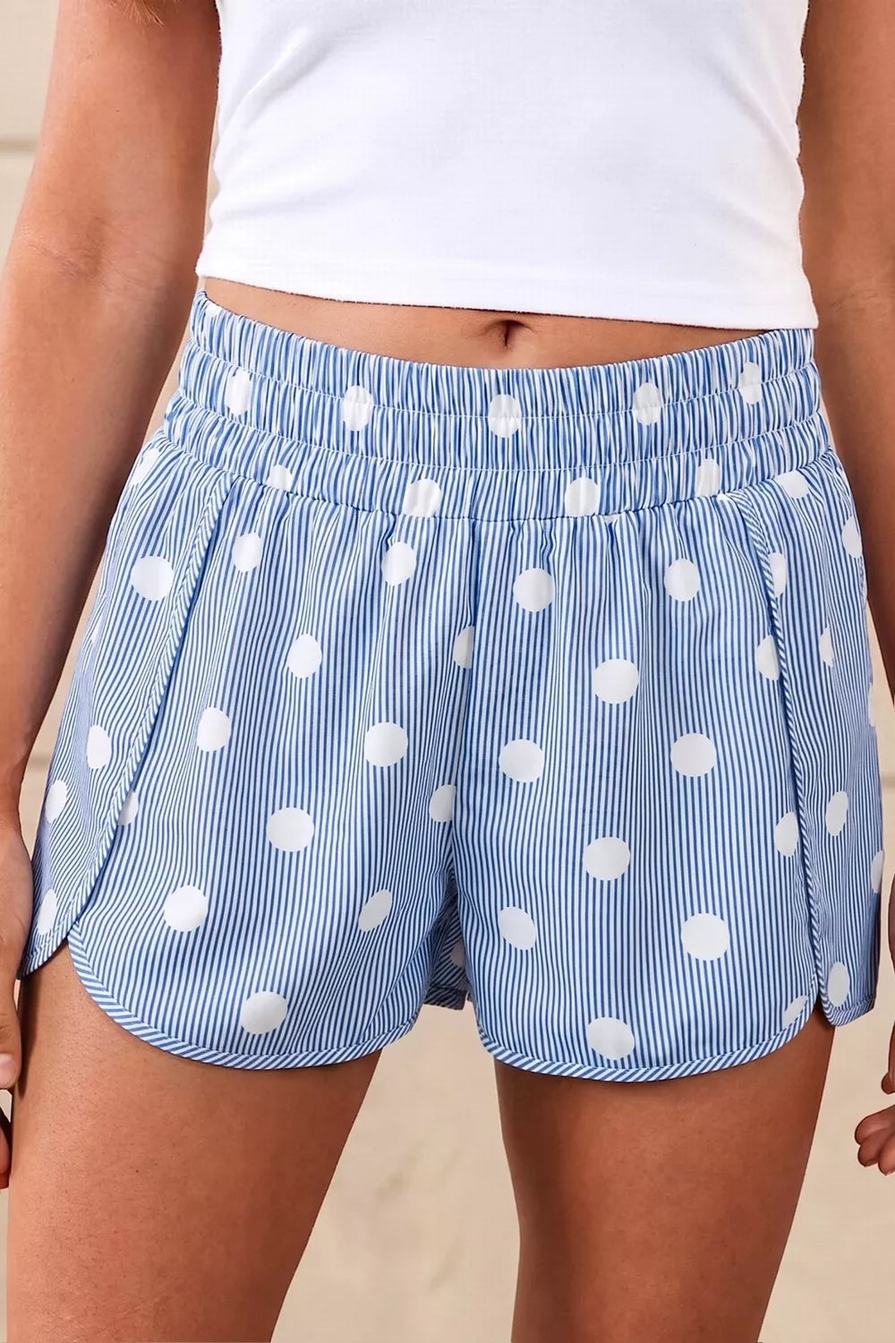 Polka dot striped elastic waist shorts with side pockets
