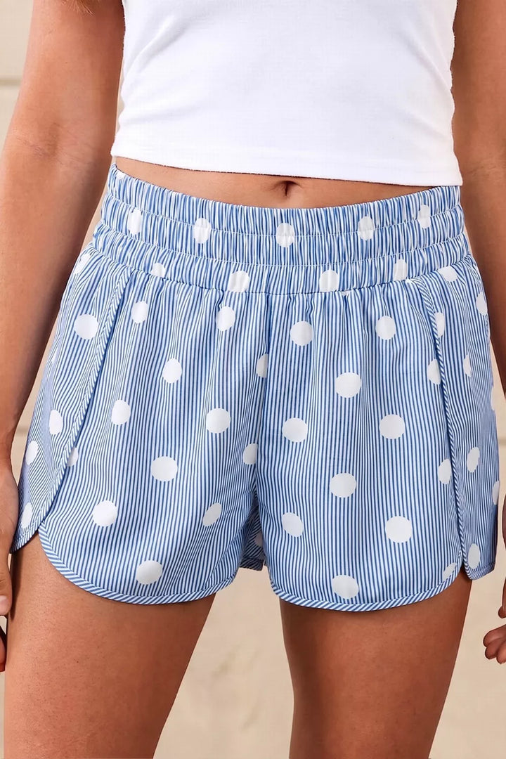 Polka dot striped elastic waist shorts with side pockets