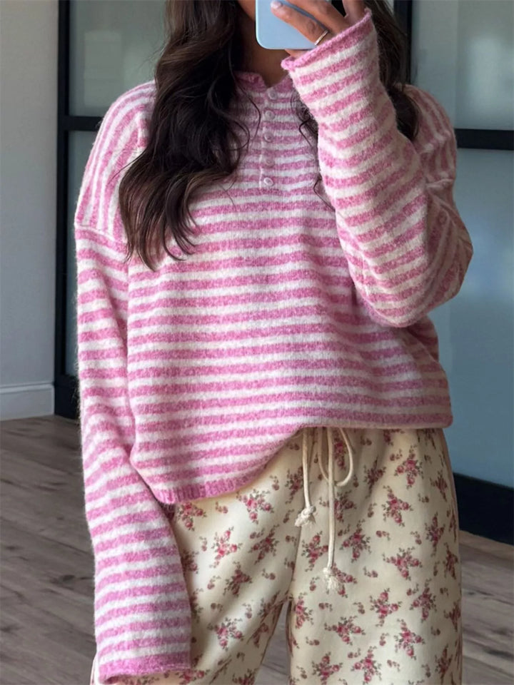 Striped dropped-shoulder collared sweater with button placket
