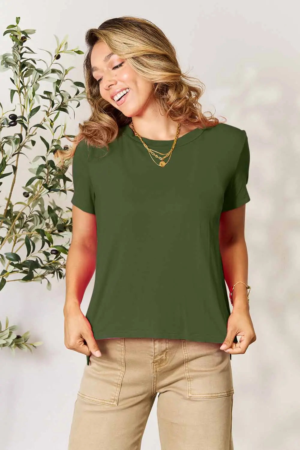 Matcha Green Round neck short sleeve tee with side slit hem