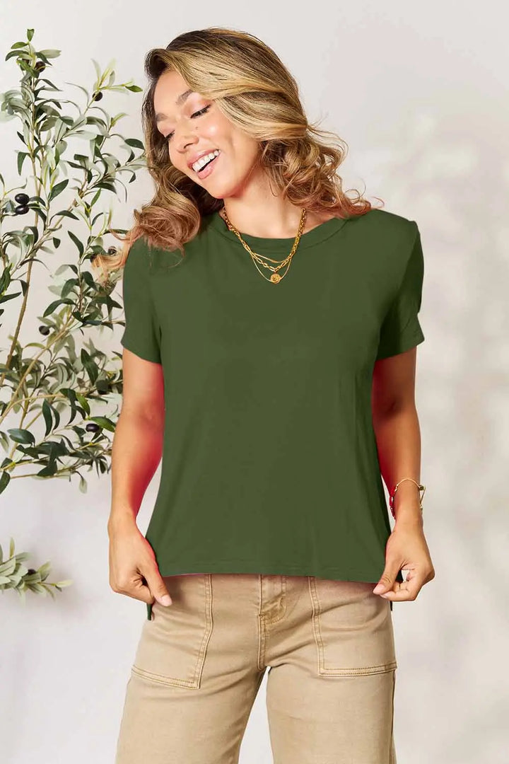 Matcha Green Round neck short sleeve tee with side slit hem