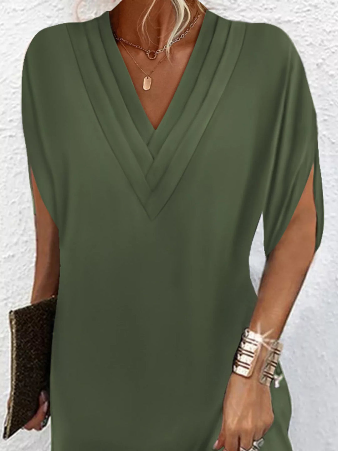 Pleated V-neck split sleeve relaxed mini dress
