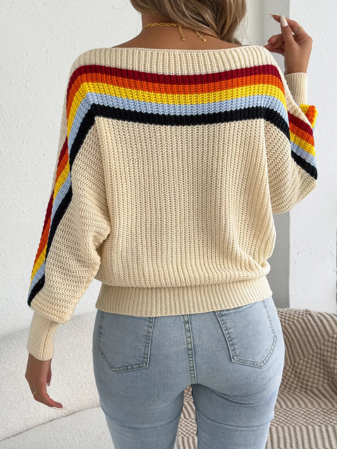 Rainbow stripe ribbed knit boat neck sweater