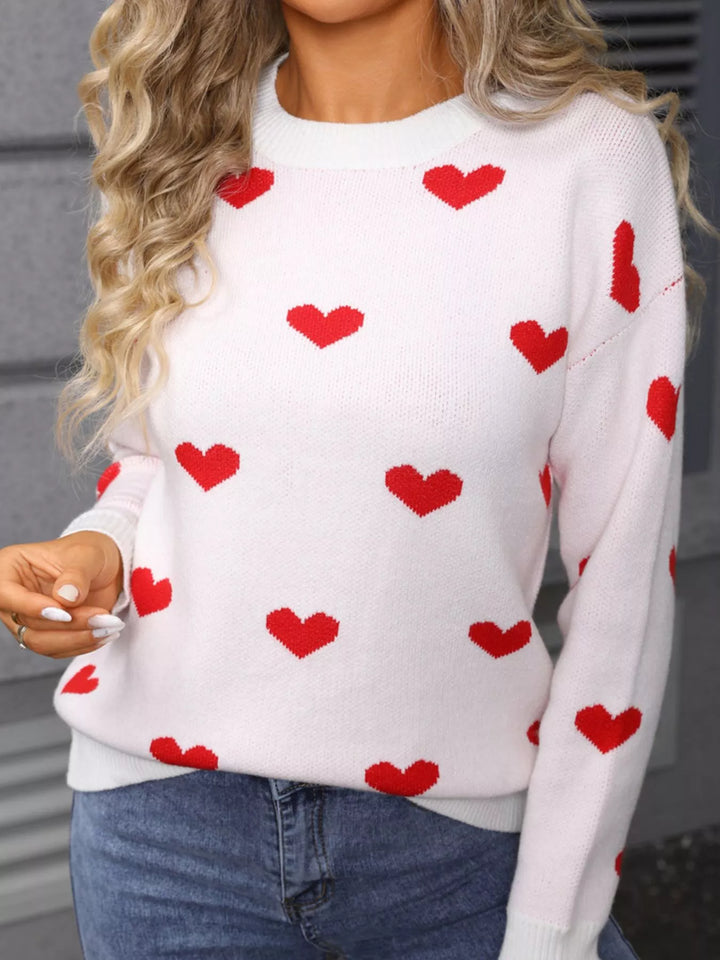 White Heart pattern dropped shoulder crew neck sweater