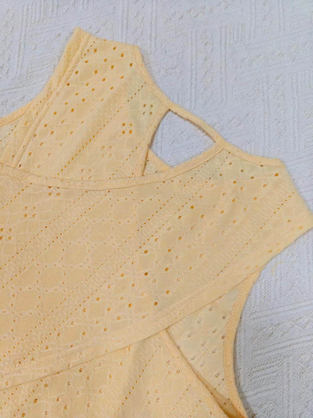 Eyelet openwork crew-neck tank with scalloped hem
