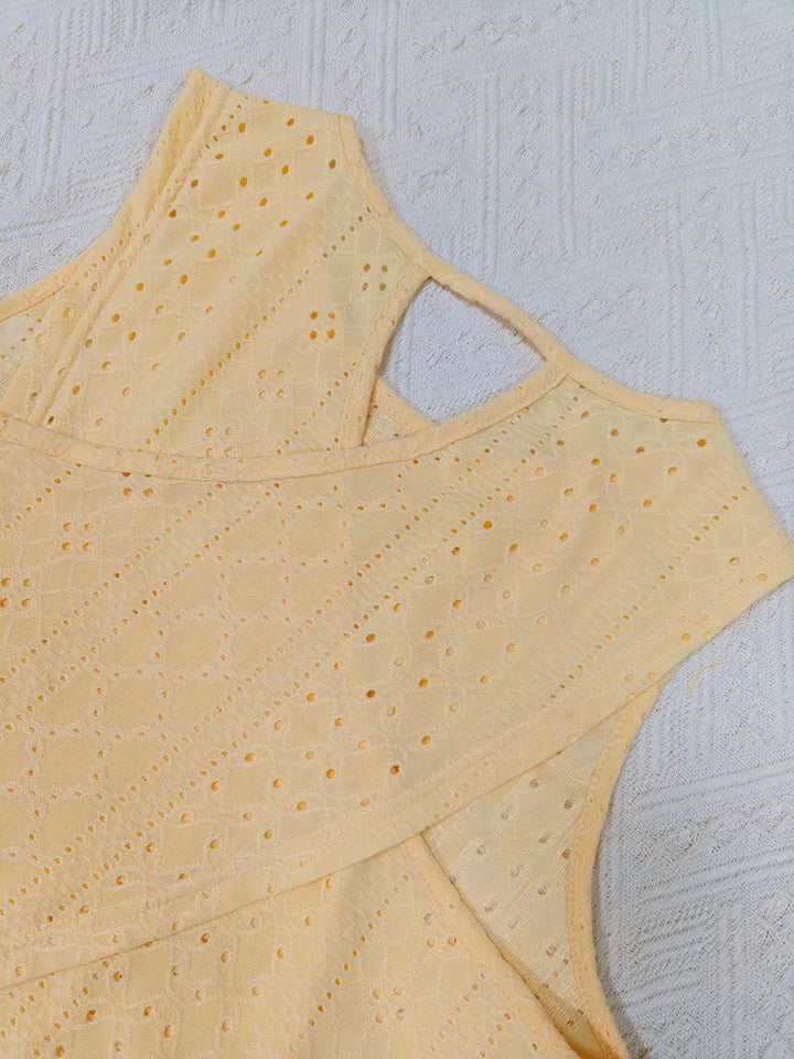 Eyelet openwork crew-neck tank with scalloped hem