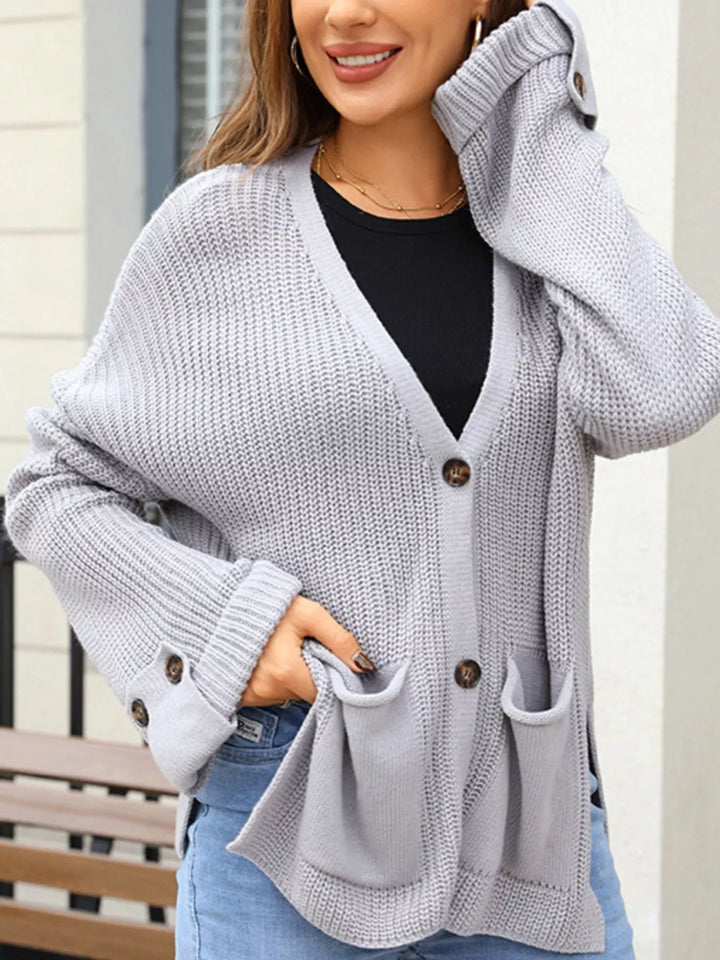 Oversized ribbed knit button-down cardigan with pockets