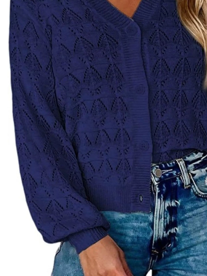 Pointelle openwork V-neck button-down knit cardigan