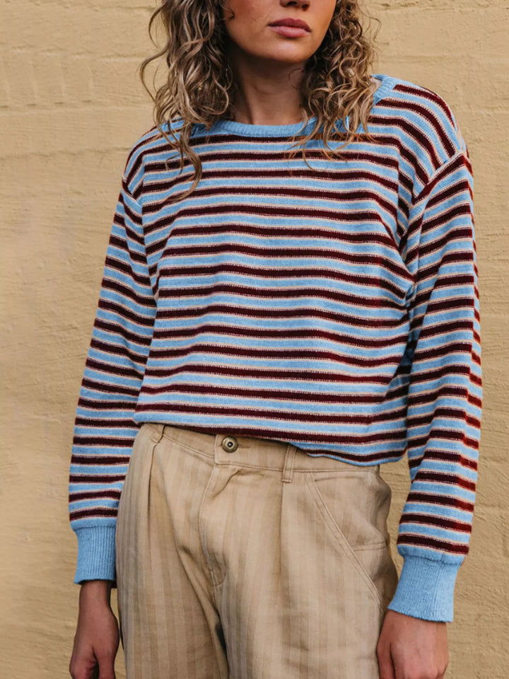 Striped ribbed knit crew neck sweater with drop shoulders